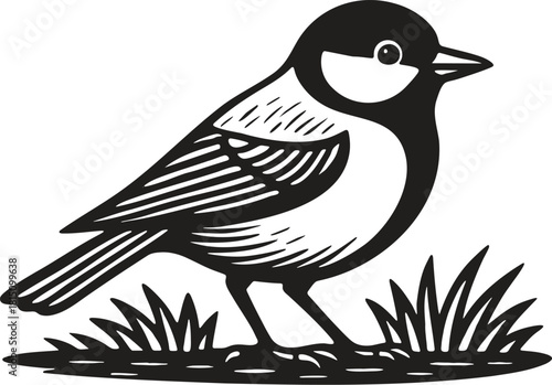 Great tit garden bird in bold linocut style with detailed feather engraving and clean black and white vector etching ideal for packaging and label use