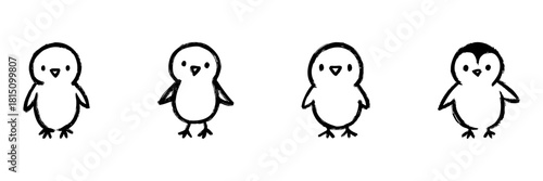 Cute Penguin Line Icon Set In Doodle Style. Adorable Baby Penguins, Wildlife, And Arctic Animals Outline Sketch Collection. Hand Drawn Isolated Vector Illustration