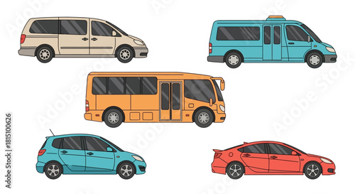 Set of cartoon transportation vehicles. Vector illustration of a car, sedan, minivan, van, and bus isolated on a white background