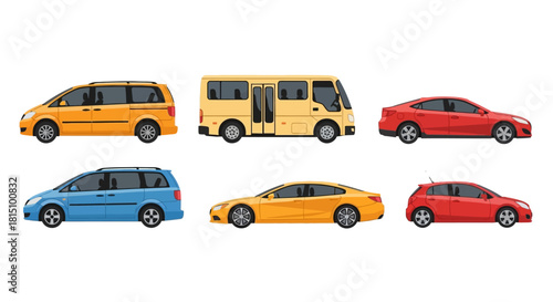 A diverse collection of colorful transportation vehicles including a car, minibus, and minivan shown in a side view vector illustration set