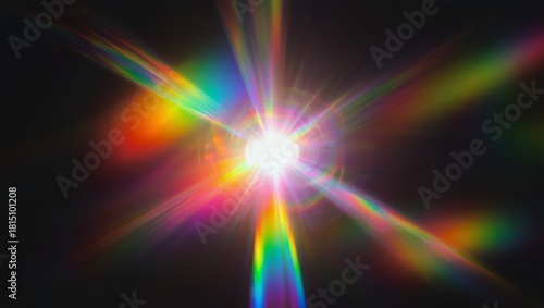 Abstract bright multicolored lens flare starburst featuring radial rainbow spectrum rays and light refraction against a pitch black background
