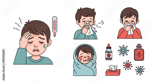 Boy Feeling Sick, Suffering from Cold, and Flu Symptoms with Fever and Running Nose