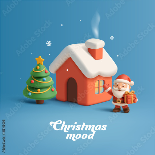 Christmas mood banner. 3D cheerful Santa with a gift in his hand, Christmas tree, cozy snowy house. On the eve of Christmas. Vector illustration.