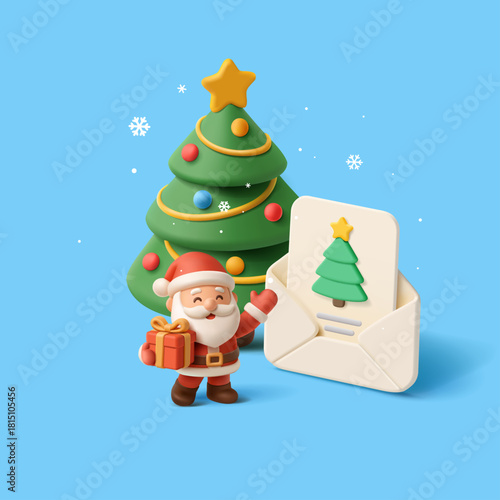 3D Christmas tree with a wish list and a happy Santa character with a gift. Blue banner with snow. For Merry Christmas and gift concepts. Vector illustration.