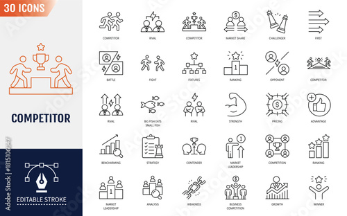 Competitor icon set. competition, opponent, market leader, advantage, strengths, weakness, comparison and ranking. Editable stroke. Vector illustration