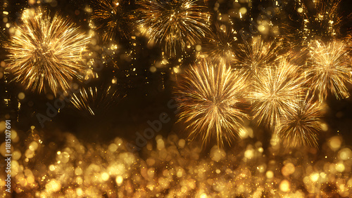 Refined golden glitter texture with explosive fireworks creating dramatic light shows against the deep dark night atmosphere.