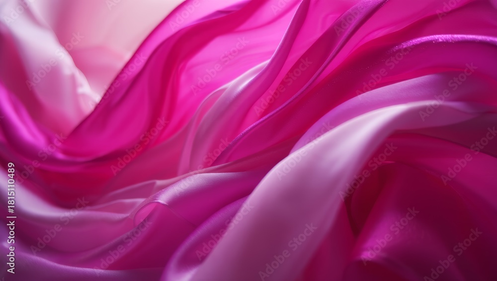 Fototapeta premium Abstract close-up of smooth magenta and pink silk fabric texture featuring elegant wavy drapes and soft lighting gradients 