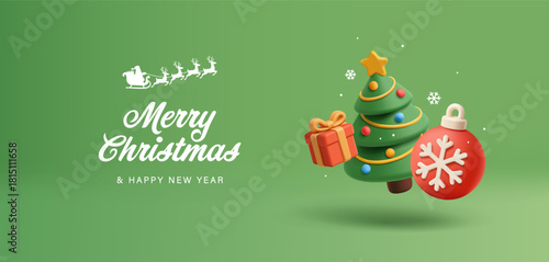 Christmas tree, gift, round red Christmas toy with snowflake, 3D. Bright green banner with Christmas symbols that seem to hang in the wind. Greetings. Vector illustration.