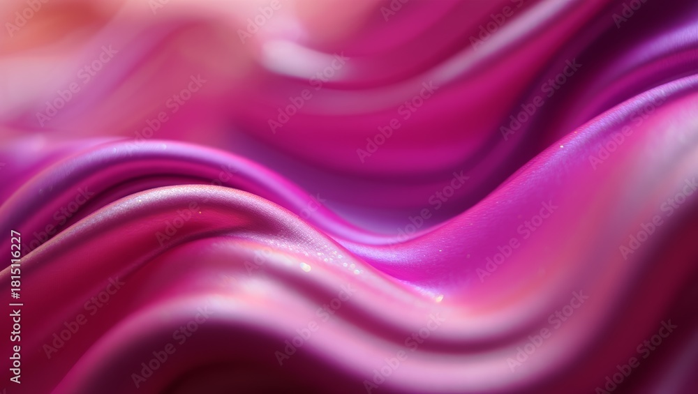 Fototapeta premium Abstract macro background of smooth wavy magenta silk fabric texture featuring soft glitters and shallow depth of field 