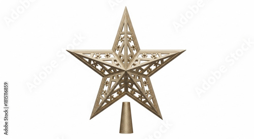 An intricate gold star Christmas tree topper with a geometric filigree design, isolated on a white background.