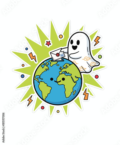 Cute cartoon ghost delivering a letter on a happy planet, illustration for global communication or eco-friendly messaging.