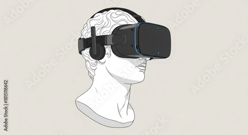 A classical bust wearing a virtual reality headset, symbolizing the intersection of ancient art and modern technology.