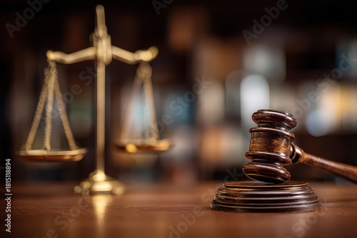 Justice Concept with Gavel and Balance Scales on Wooden Table Against Blurred Brown Background in Dramatic Lighting for Legal and Judicial Theme