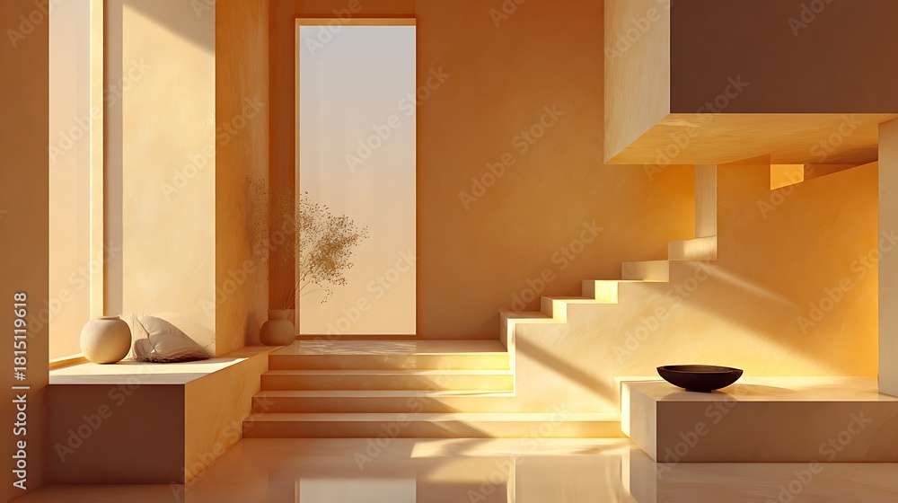 Fototapeta premium Warm, minimalist interior design with geometric shapes, bathed in golden sunlight.
