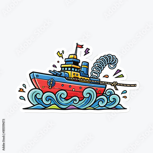 Cartoon illustration of a toy steamboat sailing on a wavy sea, flat style vector art