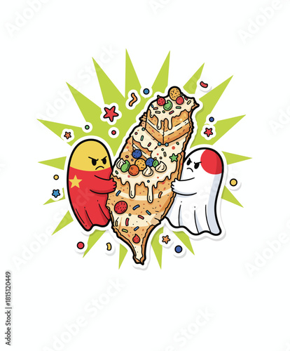 Stylized illustration of a food-shaped geography being contested, symbolizing cultural or economic rivalry.