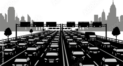 Black and White Illustration of Rush Hour Traffic Jam on Busy Freeway with Cars
