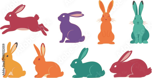 Vector set of cute rabbits in cartoon style. Bunny pet silhouette in different poses. Hare and rabbit colorful animals collection.
