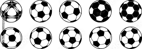 Set of monochrome soccer balls. Football or soccer related. Collection symbol of football
