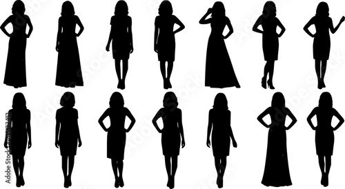 set of Vector silhouettes of beautiful girls in bikini isolated on white background. Icons of woman in standing poses. 