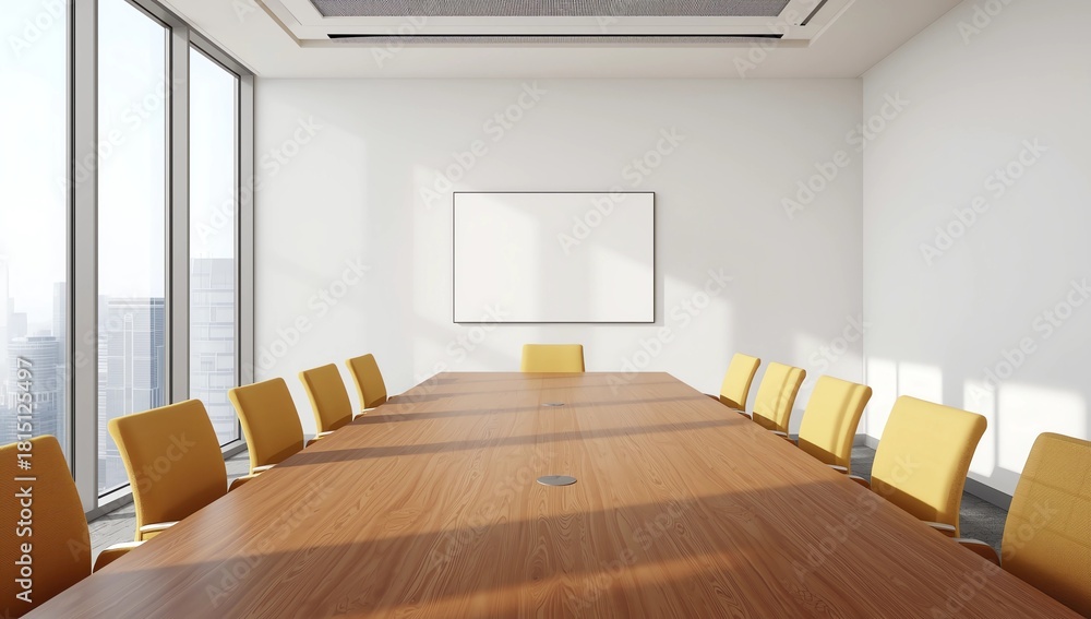 Fototapeta premium Cozy conference interior with brown chairs, mockup tv display on wall. Cozy conference or negotiation space with panoramic window on Bangkok skyscrapers. 3D rendering