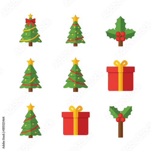 Festive Christmas Icons Trees Holly and Gifts for Holiday Cheer.