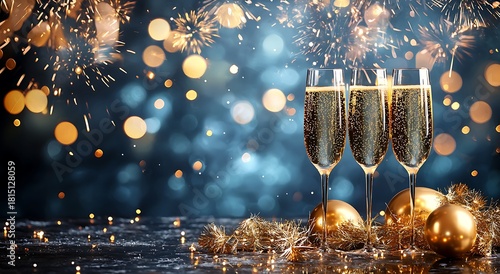 Three champagne glasses with blue bokeh and golden decorations Image