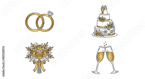 Wedding Celebration Elements Rings, Cake, Bouquet, Champagne Glasses - Perfect for Invitations and Events