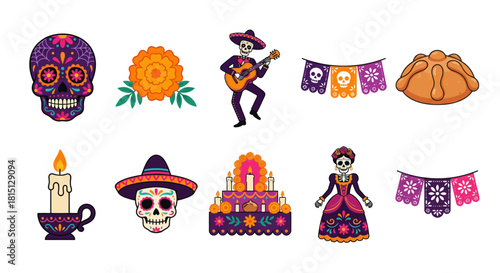 Collection of Day of the Dead icons including skulls, marigold, guitar player, banners, bread, candle, and woman skeleton