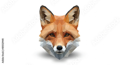 A stylized low-poly geometric illustration of a red fox head with sharp angles and natural colors on a white background.