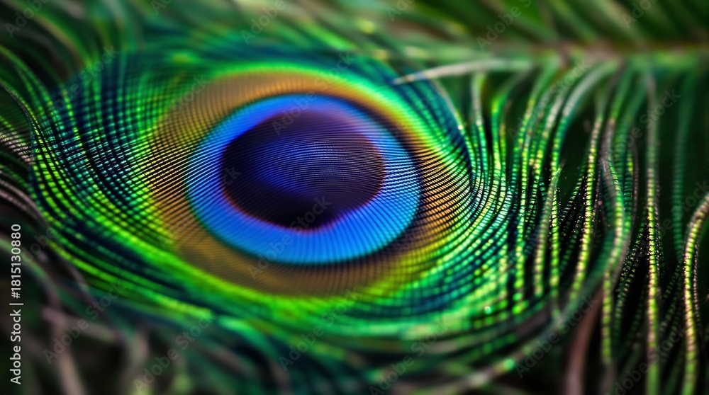 Naklejka premium Close Up of Peacock Feather Reveals Vibrant Colors and Intricate Detail