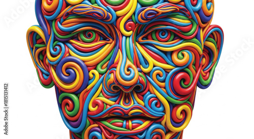An abstract human face created from vibrant, swirling, multicolored lines on a white background.