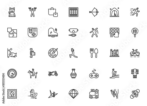 Hobbies icon set. Vector illustration. Minimal linea icons pack. Includes symbls for cat, piano, yoga, cmping, chess, fishing, garening, books, sports and mre.