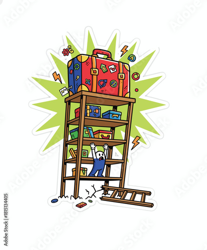 Cartoon illustration of a man struggling under the weight of a suitcase on a collapsing shelf.