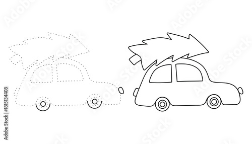 Car with christmas tree holiday coloring page for kids. Car with christmas tree holiday winter season illustration. Christmas holiday worksheets printable.