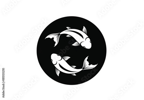 Monochrome illustration of two koi fish swimming in a circular pattern on a black background with white accents.