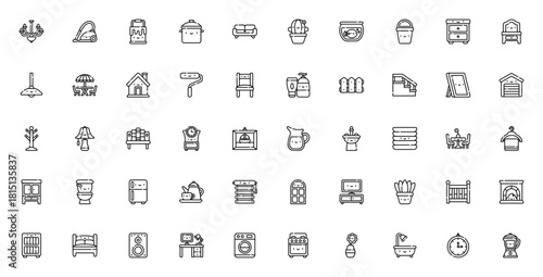 Home & Living icon set. Minimal vector illustration.Includes symbols for chandlier, couch, fridge, lamp,chair, table, bed, wardrob, sink, plant and more. Edtable stroke.