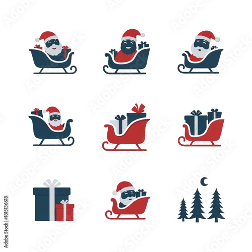 Festive Santa Claus Icons in Sleighs and Christmas Elements.