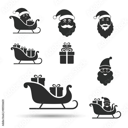 Silhouette Santa Claus and Sleigh Icons for Christmas.