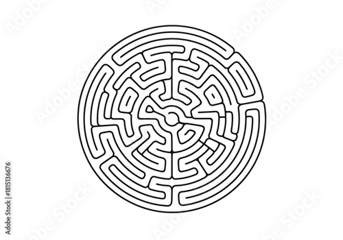 A complex circular labyrinth puzzle drawn with black lines on a clean white background.