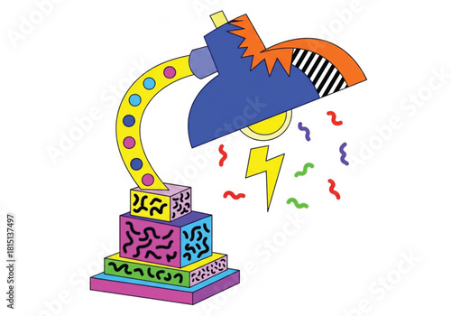 Colorful illustration of a desk lamp with a quirky design, featuring a blue shade, yellow arm with multicolored dots, and a base with stacked colorful blocks, emitting a lightning bolt and