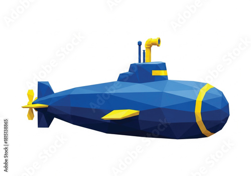 A blue and yellow low-poly submarine with a periscope isolated on a white background.