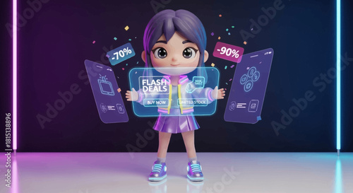 Get incredible deals now! Cartoon girl promoting flash sale with limited stock and huge discounts on phones and devices, online shopping concept