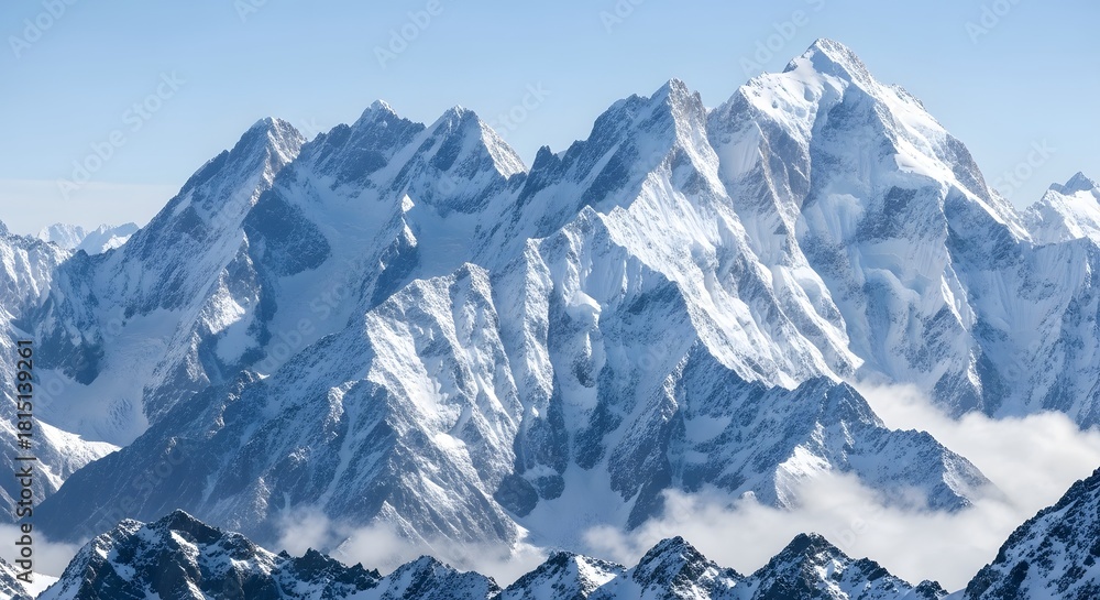 Naklejka premium Snowy mountain peaks with cloud inversion on a sunny day