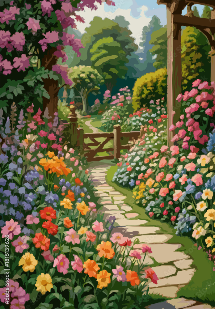 Fototapeta premium Colorful flower garden with stone pathway