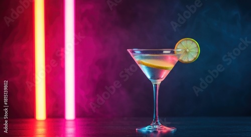 A cocktail glass, with a citrus garnish, illuminated by vibrant neon lights
