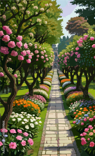 Garden pathway lined with blooming trees