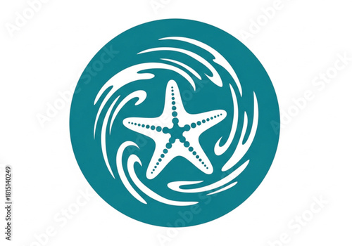A stylized white starfish surrounded by swirling waves within a teal circular emblem, representing marine life and ocean themes.