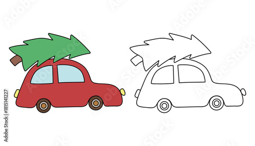 Car with christmas tree holiday coloring page for kids. Car with christmas tree holiday winter season illustration. Christmas holiday worksheets printable.