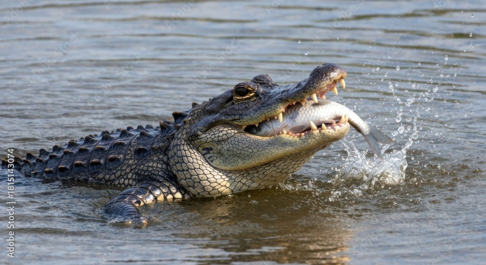 Obraz premium Alligator emerges from water, jaws clamped on its prey, creating splash
